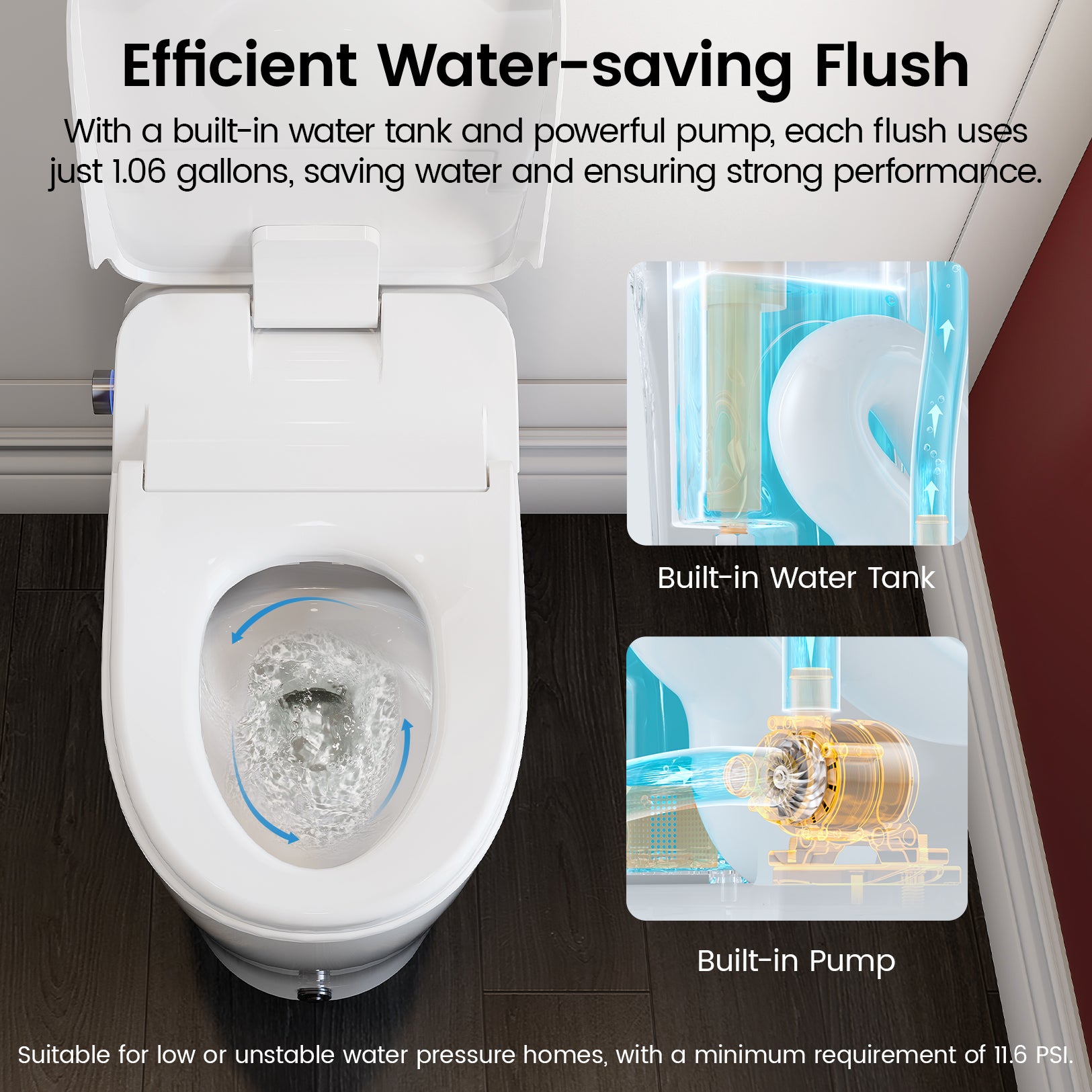 Smart Bidet Toilet for bathrooms with Built-in Water Tank, Assisted Pump, Heated Seat, Warm Water, 1.06 GPF Auto Flush, Remote and Foot Kick Operation, Blackout Flush