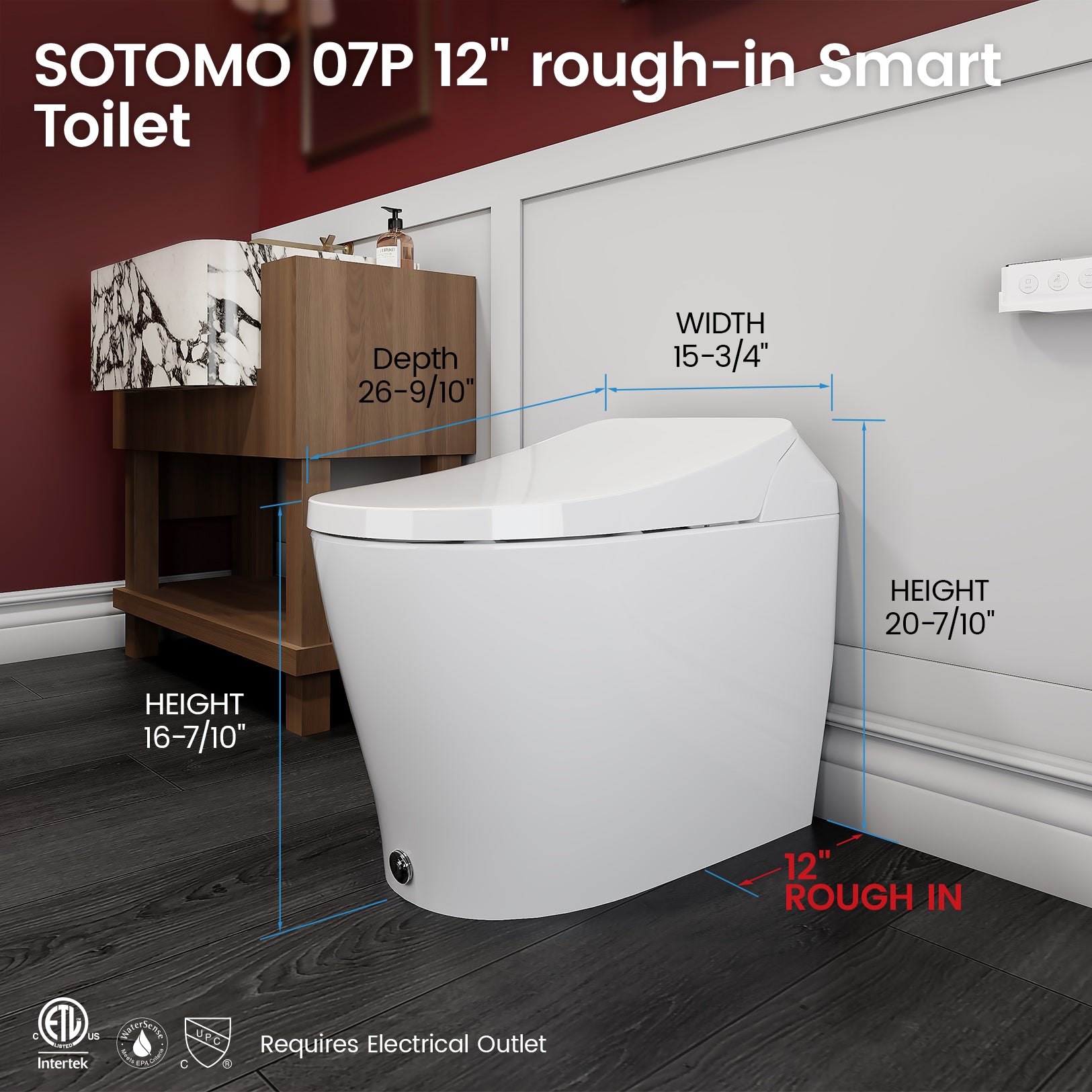 Smart Bidet Toilet for bathrooms with Built-in Water Tank, Assisted Pump, Heated Seat, Warm Water, 1.06 GPF Auto Flush, Remote and Foot Kick Operation, Blackout Flush