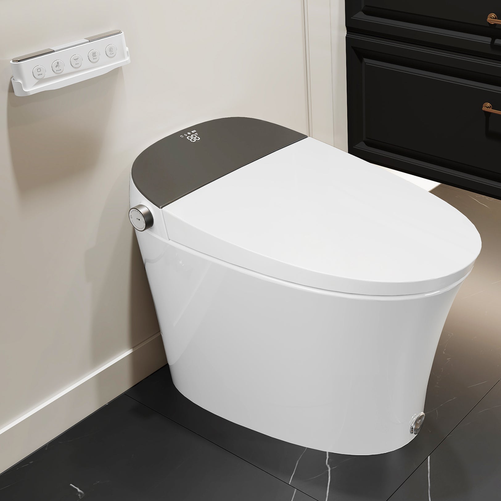Elongated Smart Bidet Toilet with Built-in Water Tank & Assisted Pump, Heated Seat, Instant Warm Water, Auto Flush, Remote and Foot Kick Operation, Blackout Flush, LED Display