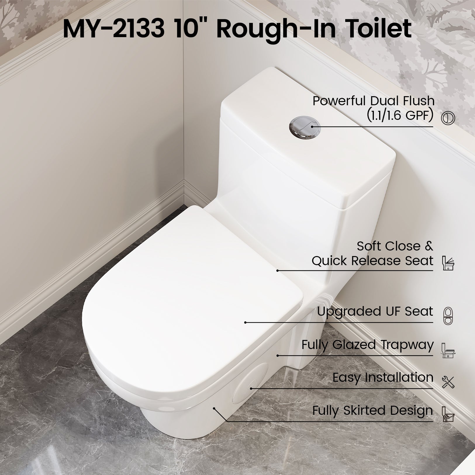 MY-2133 Compact One Piece Toilet for Bathroom, Powerful Dual Flush Round Small Toilet, Average 1.28 GPF, 12" Rough-In Skirted Toilet with Upgraded UF Quiet & Soft Close Seat, White