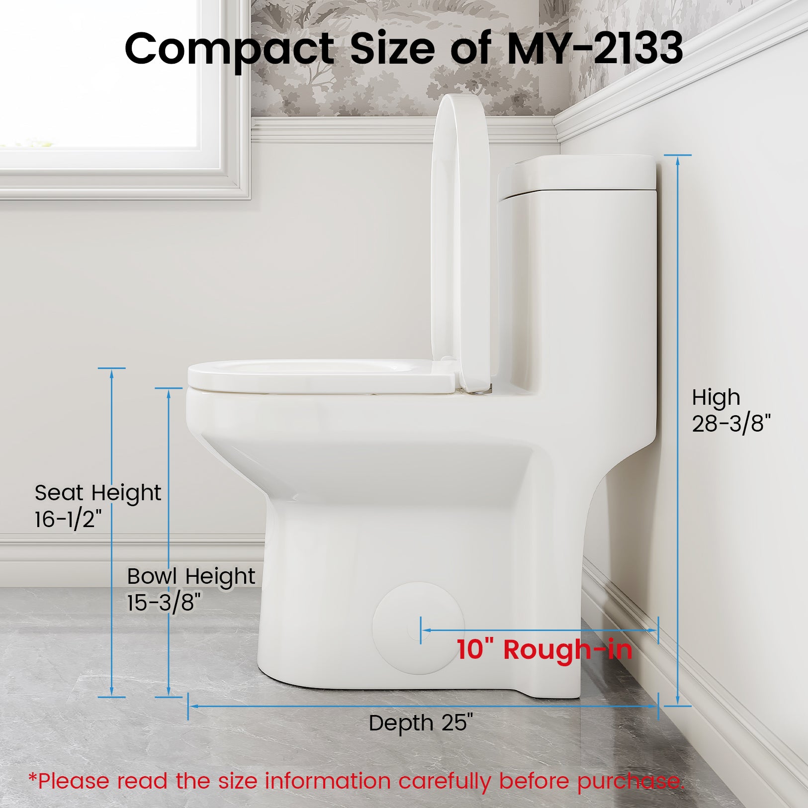 MY-2133 Compact One Piece Toilet for Bathroom, Powerful Dual Flush Round Small Toilet, Average 1.28 GPF, 12" Rough-In Skirted Toilet with Upgraded UF Quiet & Soft Close Seat, White