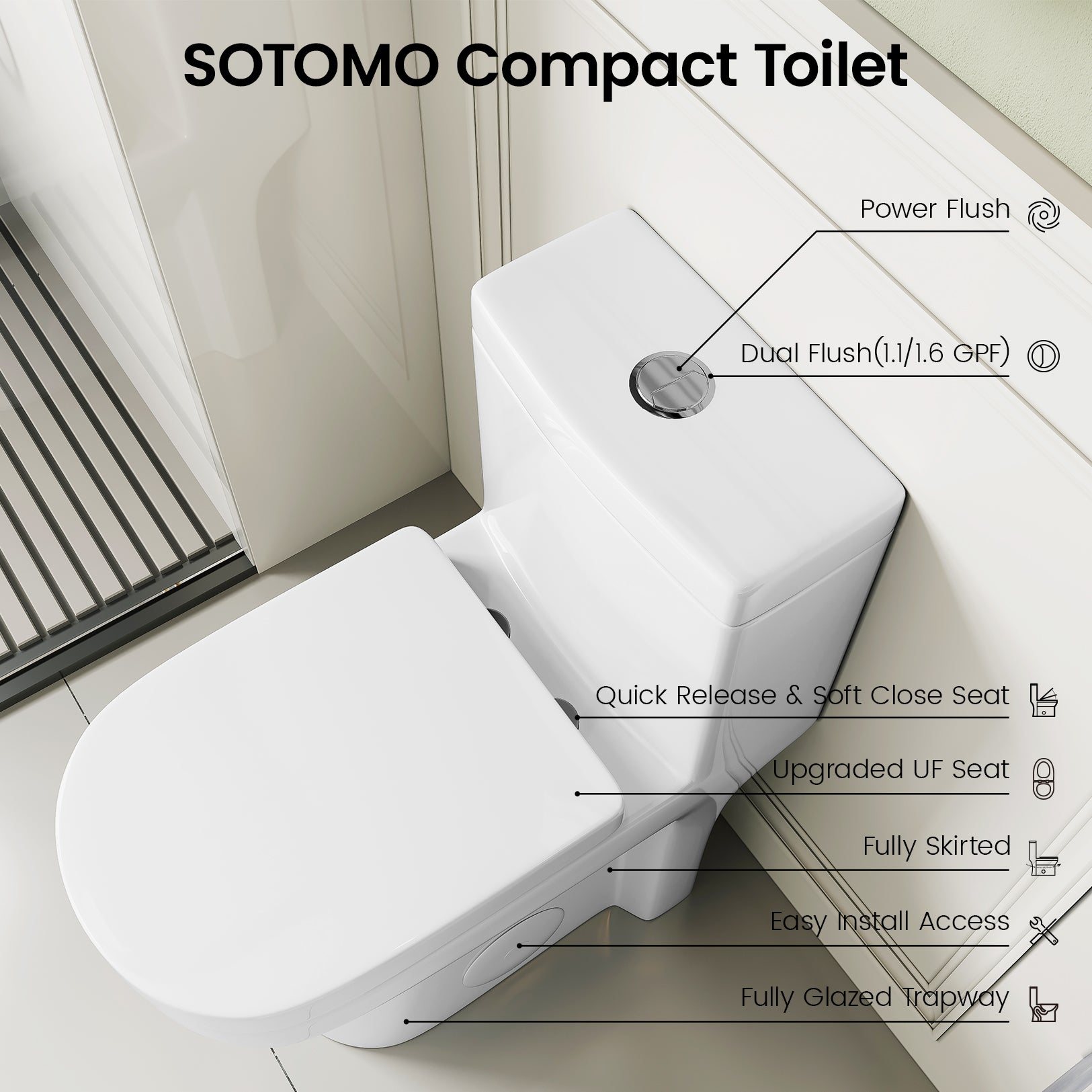 MY-2133 Compact One Piece Toilet for Bathroom, Powerful Dual Flush Round Small Toilet, Average 1.28 GPF, 12" Rough-In Skirted Toilet with Upgraded UF Quiet & Soft Close Seat, White