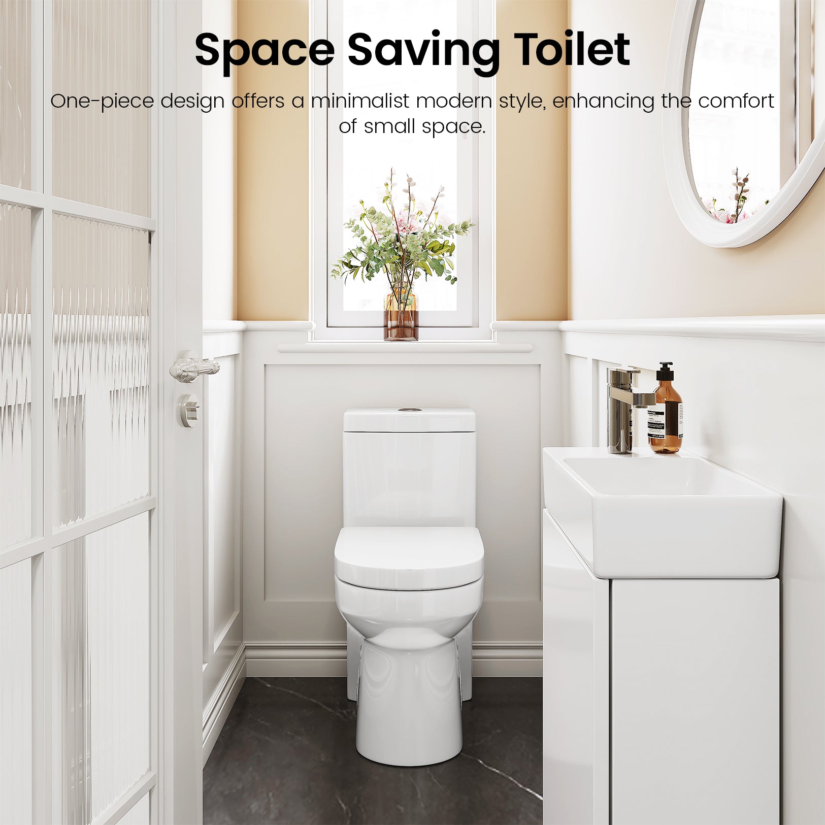 MY-2133 Compact One Piece Toilet for Bathroom, Powerful Dual Flush Round Small Toilet, Average 1.28 GPF, 12" Rough-In Skirted Toilet with Upgraded UF Quiet & Soft Close Seat, White