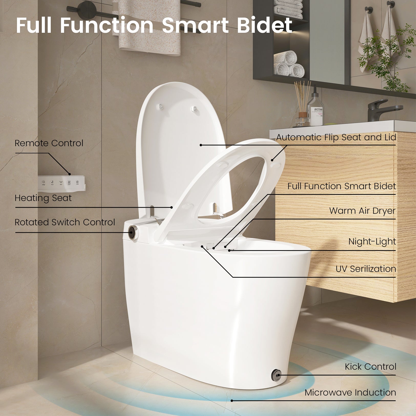 DA80U  One Piece  Elongated Smart Toilet Bidet Combo with Built-in Water Tank,  Heated Seat,  Blackout Flush