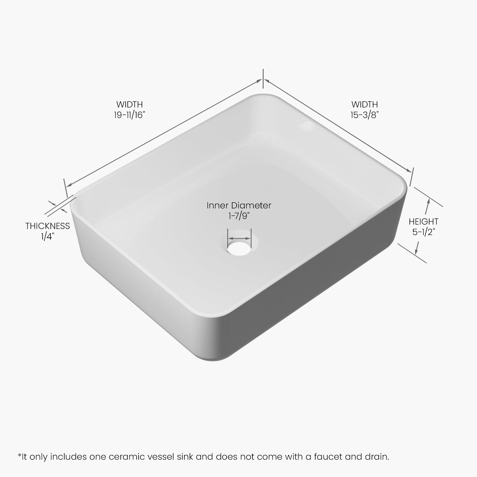 MJ-695 Bathroom Rectangular Vessel Sink, 19.7" x 15.7" x 5.5"