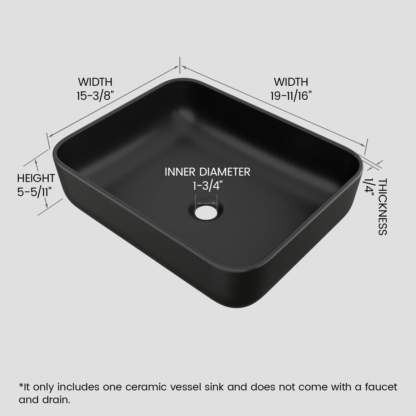 MJ-695 Bathroom Rectangular Vessel Sink, 19.7" x 15.7" x 5.5"