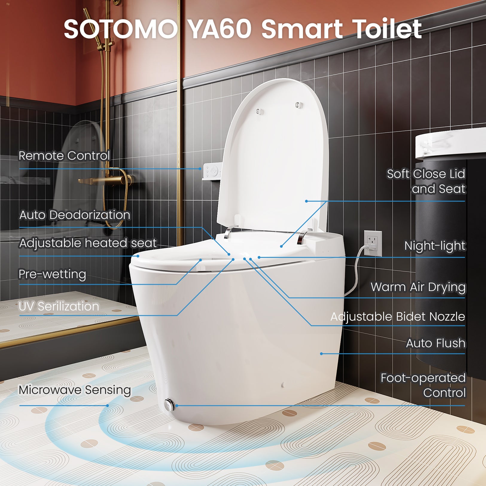 YA60 Smart Bidet Toilet with Heated Seat, Warm Water and Dryer, Auto Flush, Kick Flush, Night Light, and Blackout Flush