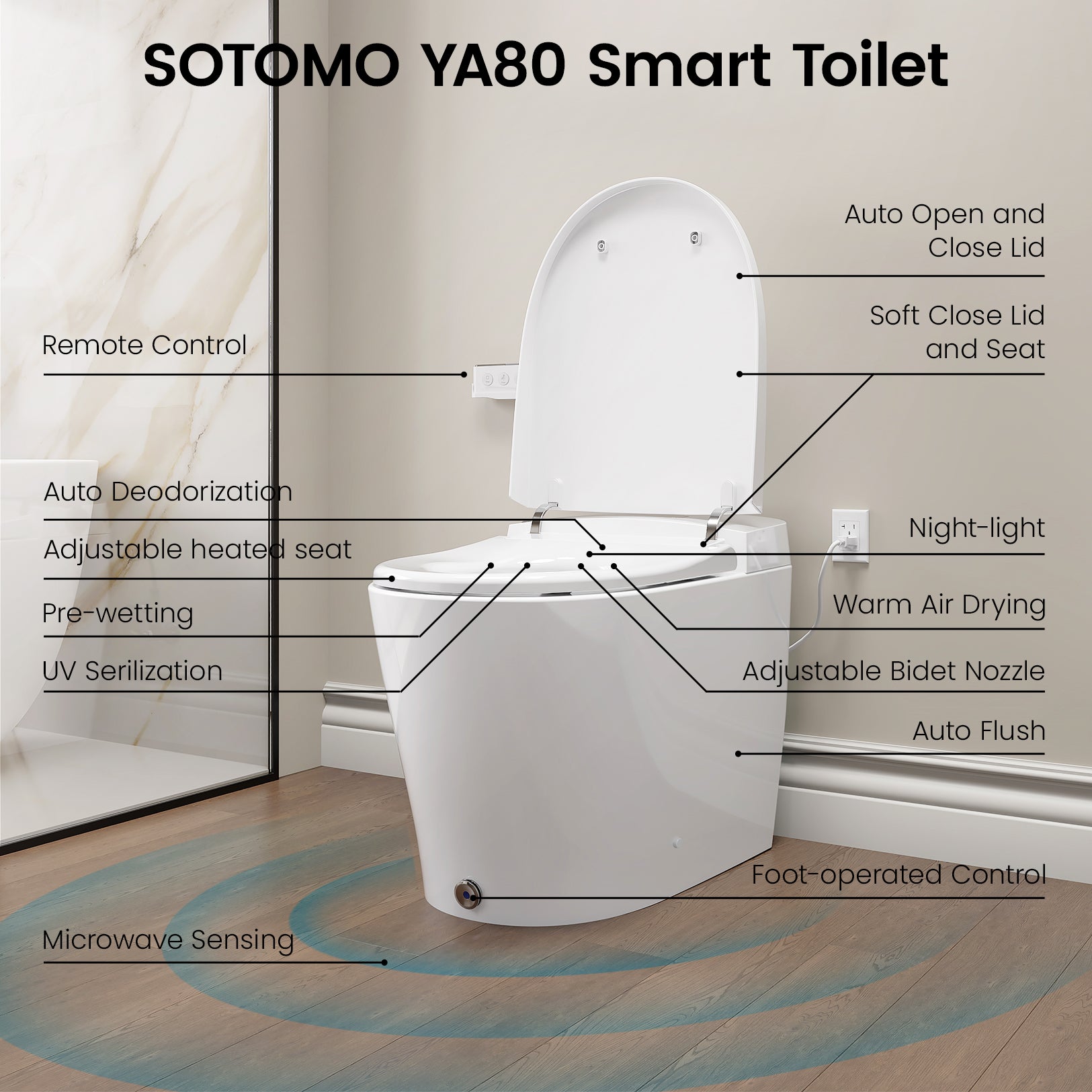 YA80 One Piece Smart Toilet With Bidet, Heated Seat, Warm Water Wash, Auto Flush, Dryer, Blackout Flush