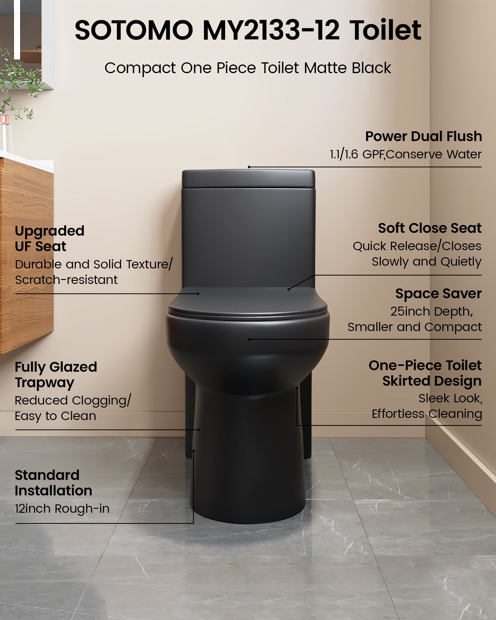 MY-2133 Compact One Piece Toilet for Bathroom, Powerful Dual Flush Round Small Toilet, Average 1.28 GPF, 12" Rough-In Skirted Toilet with Upgraded UF Quiet & Soft Close Seat, White